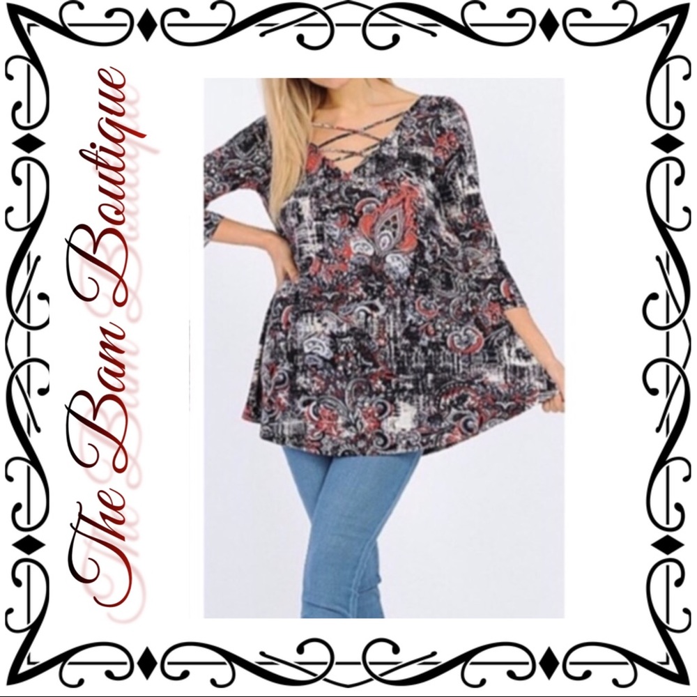 Plus Size Black/Red Floral Crisscross Tunic